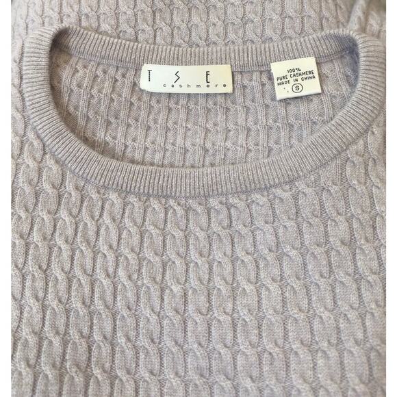 TSE Pure Cashmere Crew Neck Long Sleeve Cable Knit Sweater Grey size Small - Picture 3 of 6